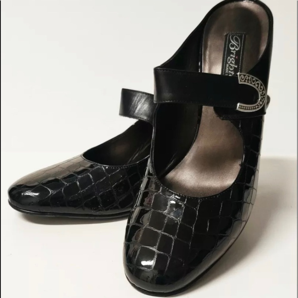 Brighton Black Leather Mules Heels Womens Size 9.5 M Shoes